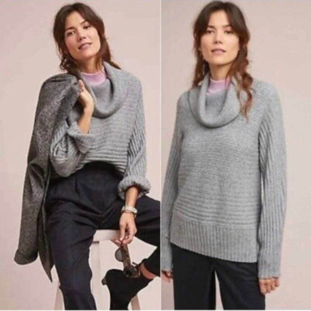 Anthropologie Moth Fireside Gray Ribbed Cowl Neck Sweater